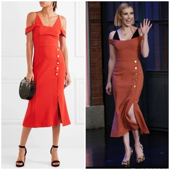 NWT Rebecca Vallance Beltran Midi Dress Button Slit Skirt Off The Shoulder Red 8 - Picture 1 of 14